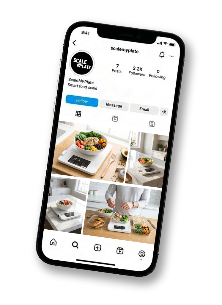 Scalemyplate smart food scale Instagram page on an iPhone.