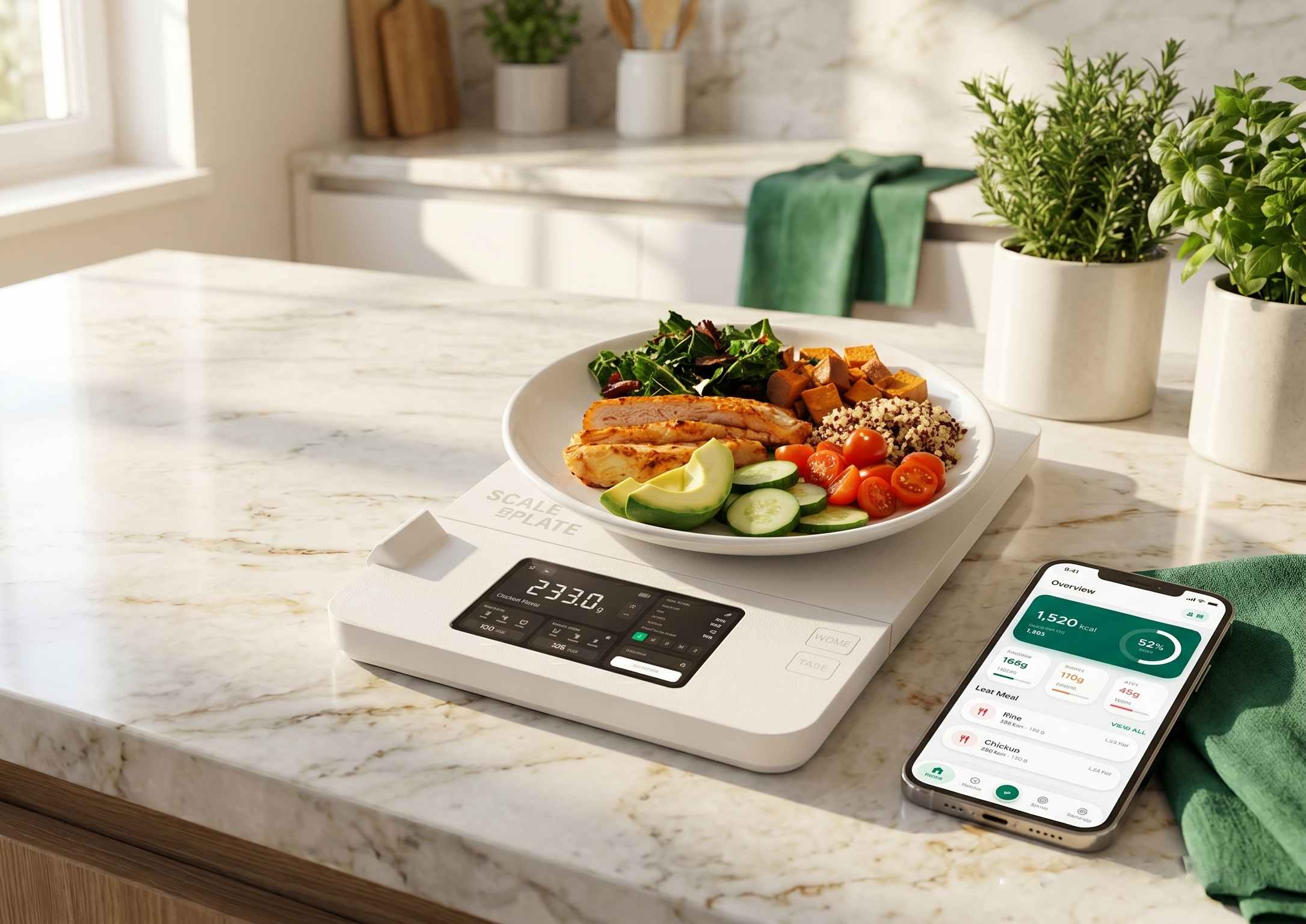 The ScaleMyPlate scale weighing a salmon plate next to a phone showing the ScaleMyPlate app
