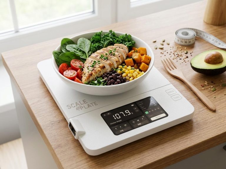 ScaleMyPlate smart food scale weighing a chicken and vegetable bowl