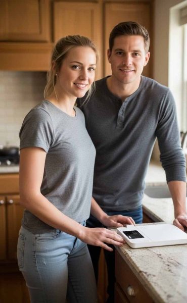 Couple with Scalemyplate.com smart food scale in kitchen.