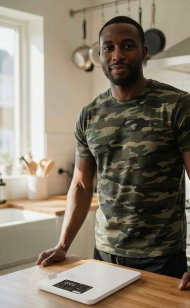 Man in camo shirt with Scalemyplate.com smart food scale in kitchen.