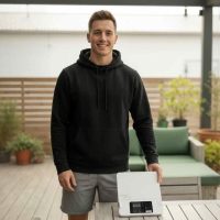 Man in hoodie with Scalemyplate.com smart food scale on outdoor table.