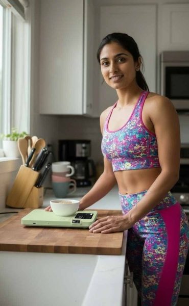 Woman in activewear using a Scalemyplate smart food scale in a bright kitchen.